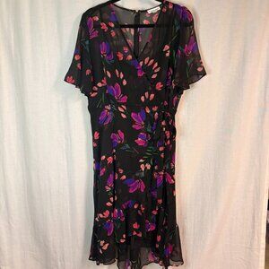 Calvin Klein Floral Wrap Style Midi Dress Black Pink Flutter Sleeve 14